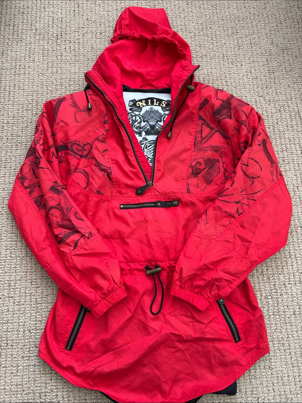 NILS Vintage Skiwear Red Black Graphic Pullover Anorak Windbreaker Women’s Sz 8